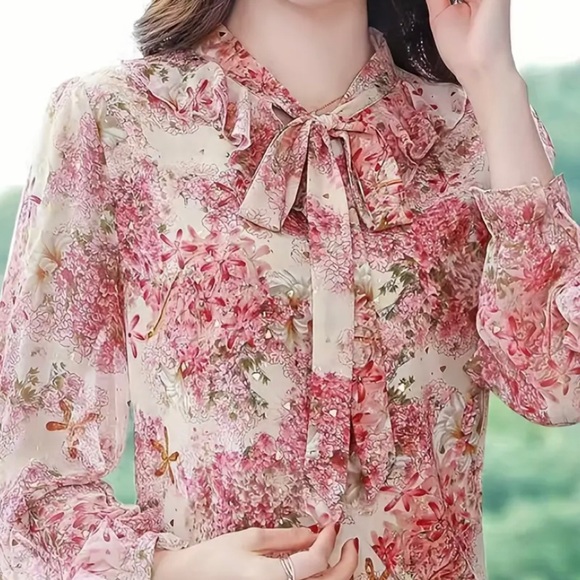 Floral Print Ruffle Trim Blouse, Elegant Tie Neck Long Sleeve Blouse - Picture 4 of 5